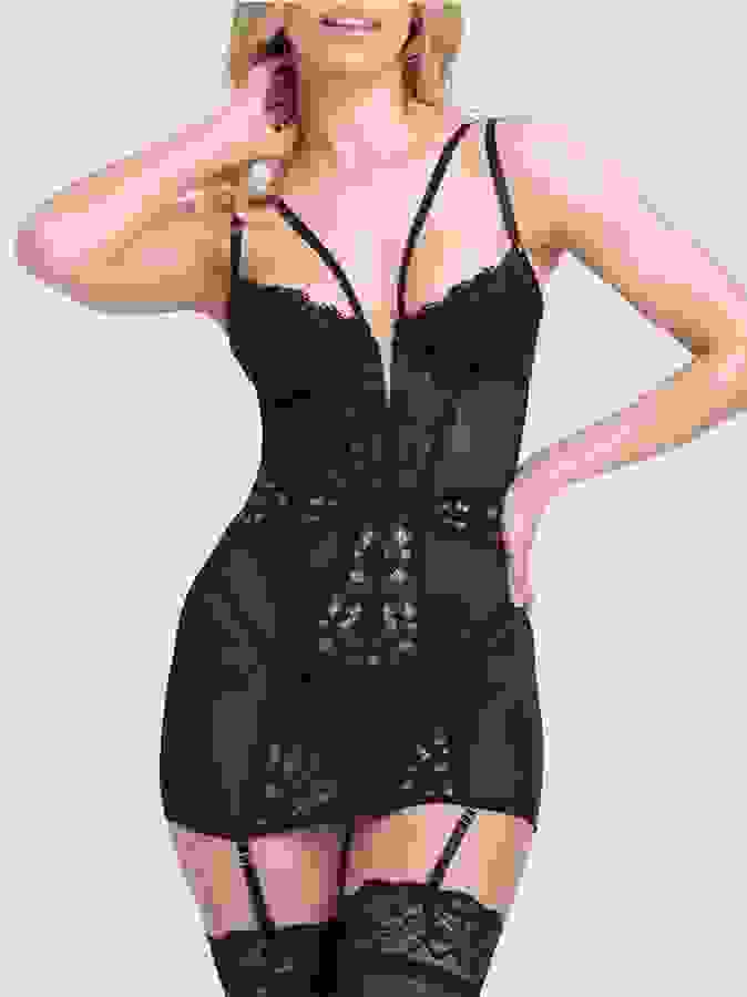 Lovehoney Parisienne Black Lace Plunge Chemise, Black, hi-res